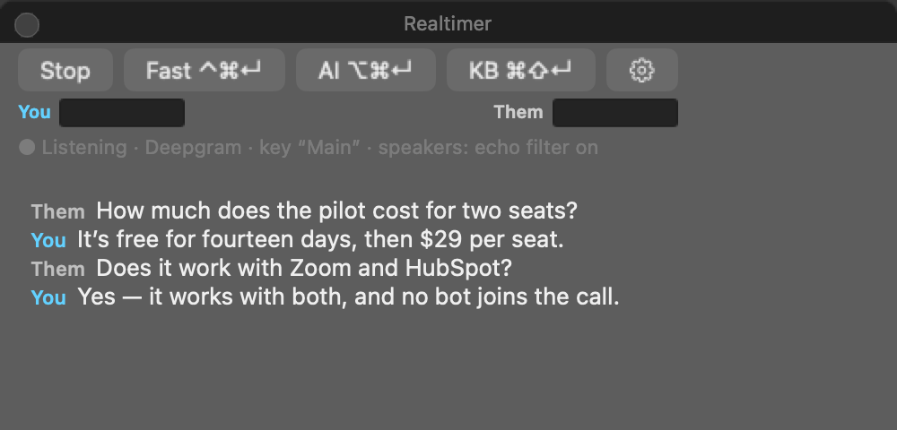 With the echo filter: each person’s lines appear once, status shows speakers: echo filter on