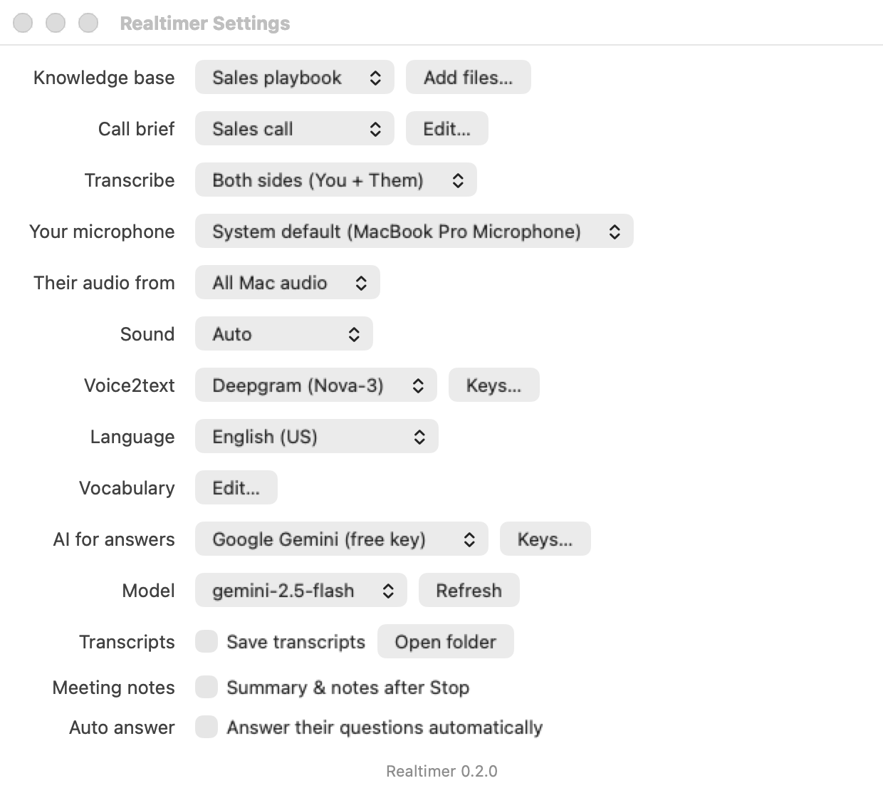 Realtimer Settings with the Sound setting set to Auto, under Your microphone and Their audio from