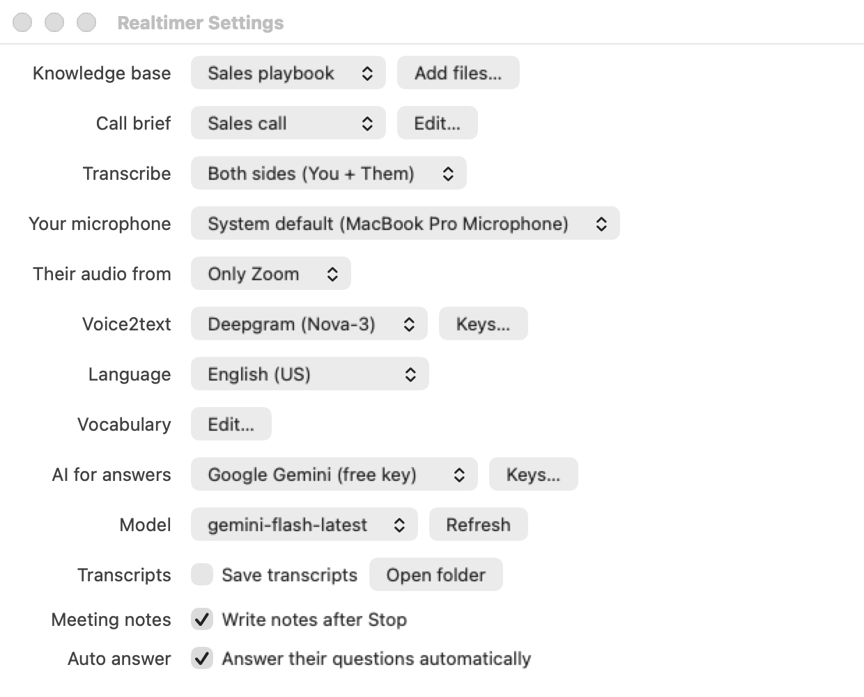 Realtimer Settings: knowledge base, call brief, transcription mode, microphone, audio source, Voice2text, language, vocabulary, AI provider and model, transcripts, meeting notes and auto answer